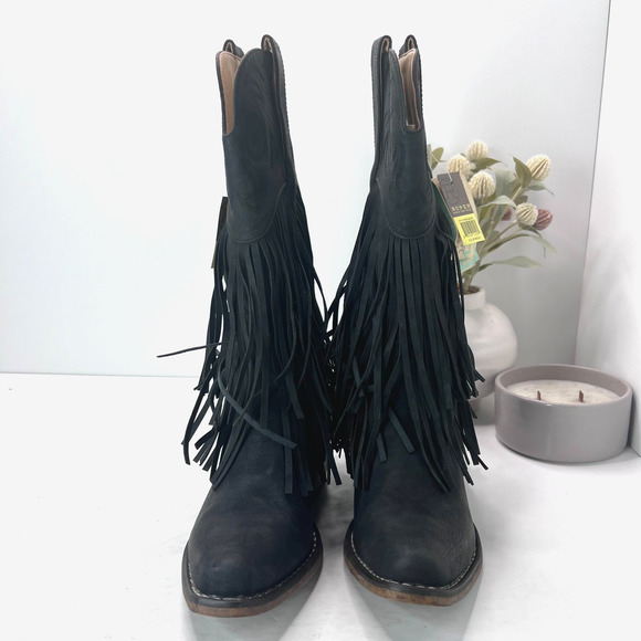 Roper Smooth Fringe Western Cowboy Boots Faux Leather Black Women's 5.5 NWOB - Picture 6 of 9